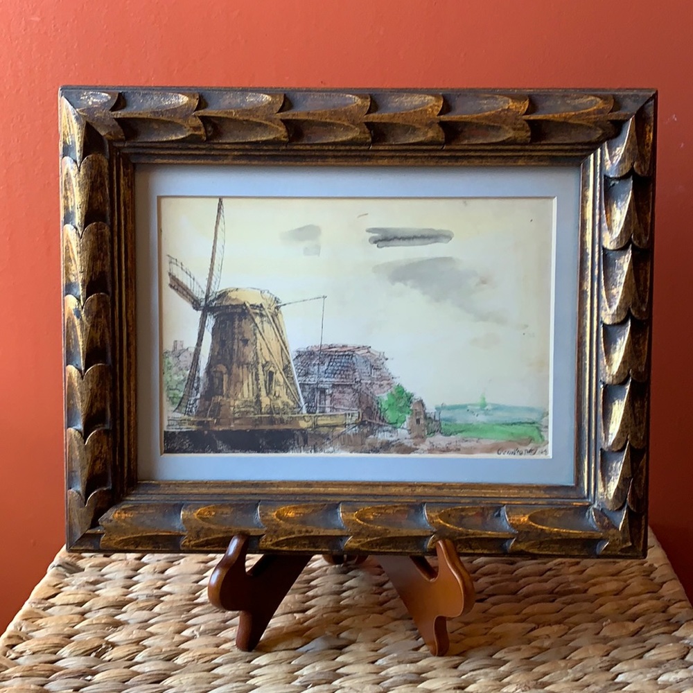 Beautiful framed artwork by REMBRANDT Van Rijn “The Windmill” watercolor etching